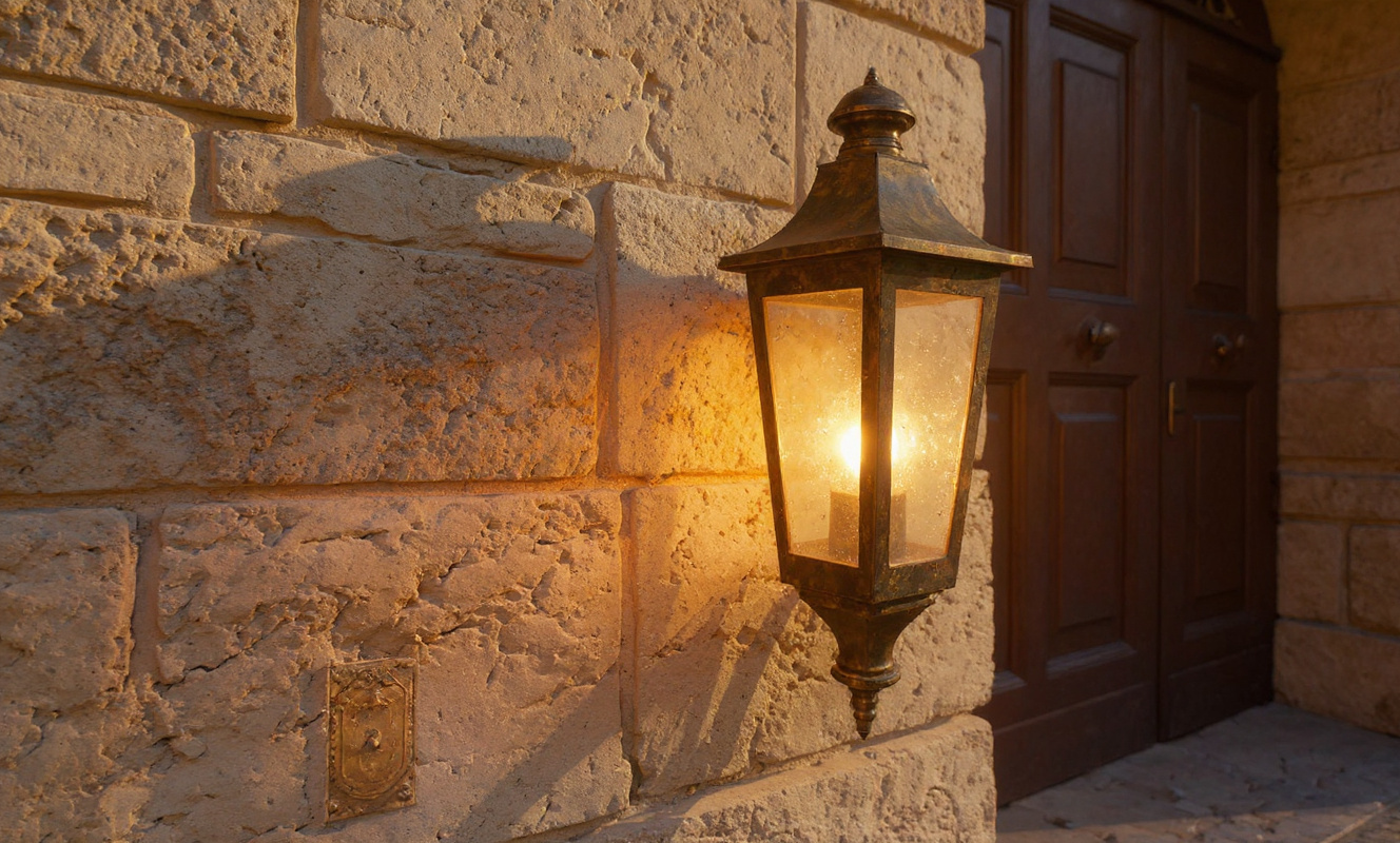 Golden hour light rakes across limestone blocks, illuminating a brass wall lantern and plaque beside a heavy timber door.